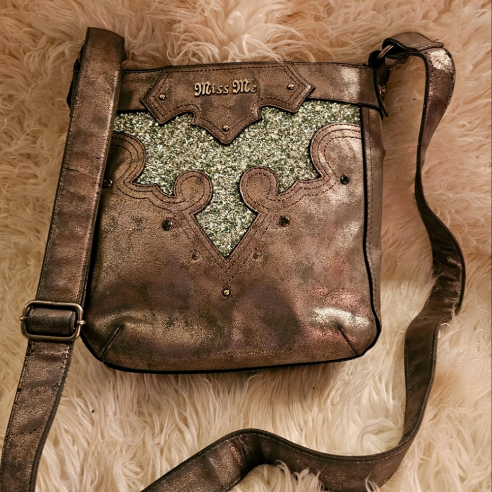 Miss Me Purse Crossbody Gray with  Silver Sequins Adjustable Shoulder Strap